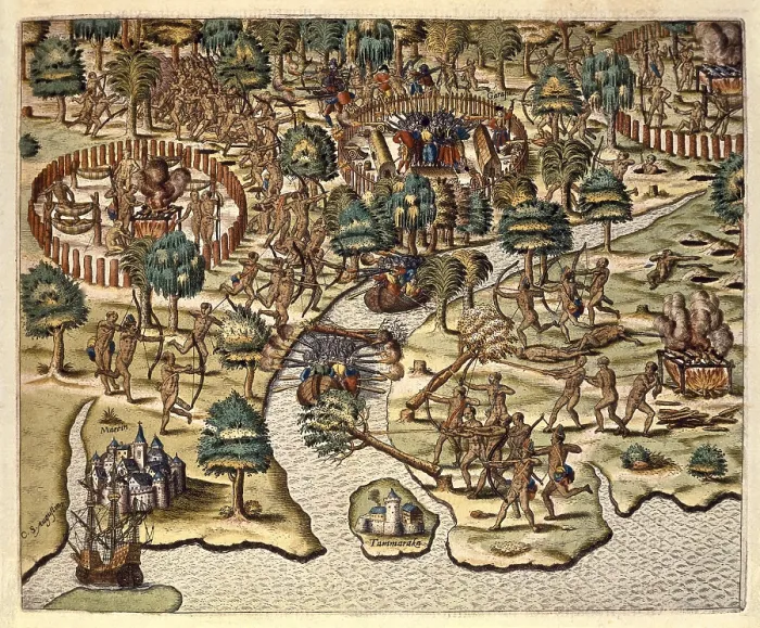 Framed Print : America Tertia Pars, 1562. Methods of Sieging and Attacking. Flemish art. Engraving. FRANCE. Paris. Bibliothque du service historique de la Marine
