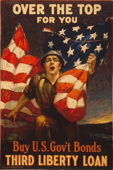 Framed Print : American 1918 WW1 poster of a soldier clutching an American flag. Poster reads Over the top for you - Buy U.S. gov't bonds, Third Liberty Loan. (BSLOC_2012_4_32)