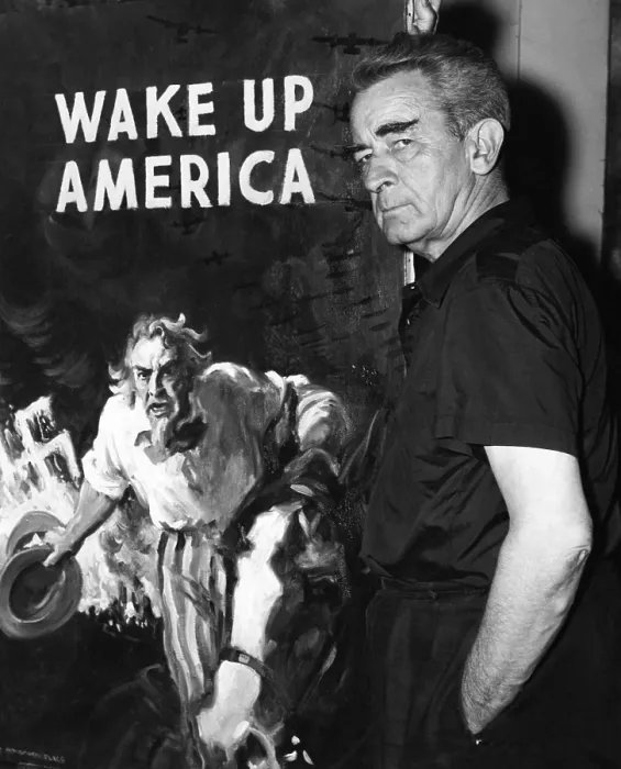 Framed Print : American artist and cartoonist James Montgomery Flagg stands next to his poster for the Wake Up America Committee, in his New York Studio. August 16, 1940 Framed Print : American artist and cartoonist James Montgomery Flagg stands next to his poster for the Wake Up America Committee, in his New York Studio. August 16, 1940