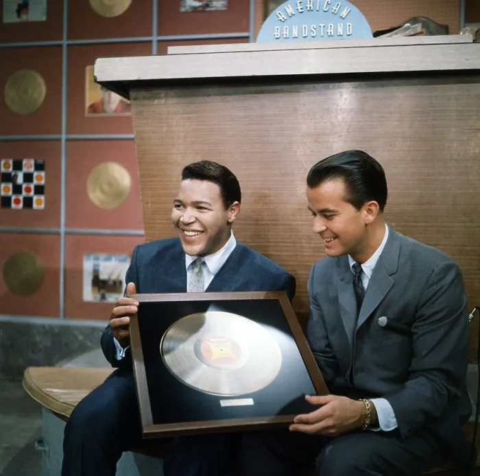 Framed Print : AMERICAN BANDSTAND, from left: Chubby Checker, Dick Clark, with a gold record, 1960s, 1952-89