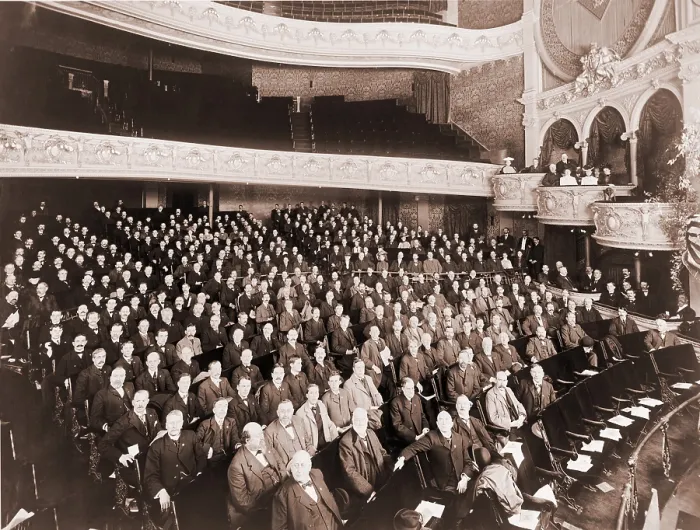Framed Print : American Bankers pose for a group portrait in a theater during their Association Convention at Milwaukee, 1901