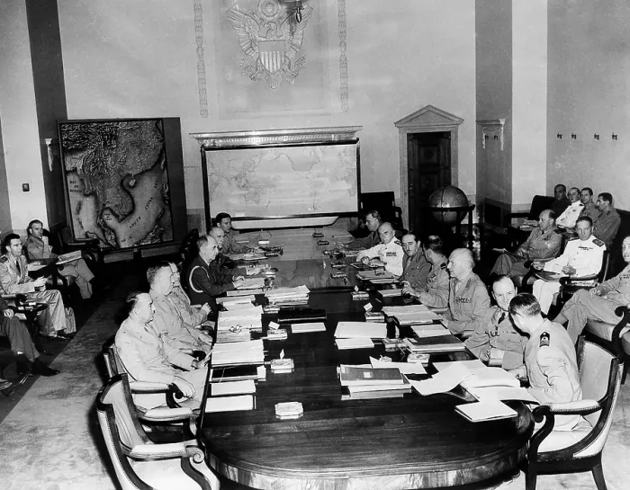 Framed Print : American and British members of the joint and combimed Chiefs of Staff at a meeting in Washington, D.C. At left-hand side of table: General George C