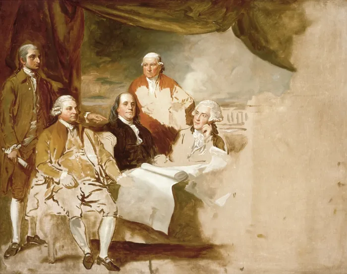 Framed Print : American Commissioners of the Preliminary Peace Agreement with Great Britain, by an unknown artist after Benjamin West, 1783 (unfinished oil sketch)