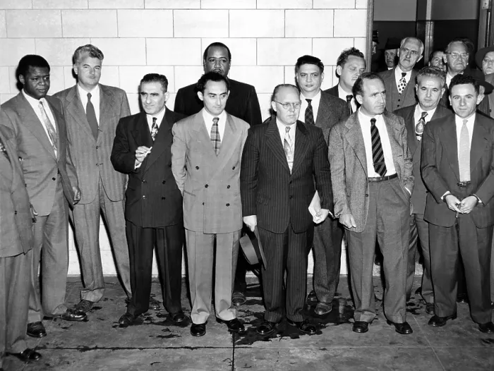 Framed Print : Eleven of the American Communist Party's top leaders. Federal Court where they were convicted of found guilty of conspiring to teach the overthrow of the U.S