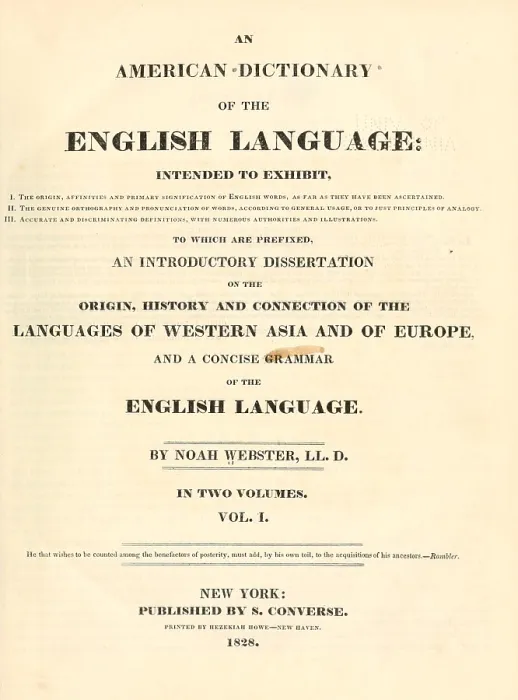Framed Print : American Dictionary of the English Language by Noah Webster. Title page of first edition, 1828 Framed Print : American Dictionary of the English Language by Noah Webster. Title page of first edition, 1828