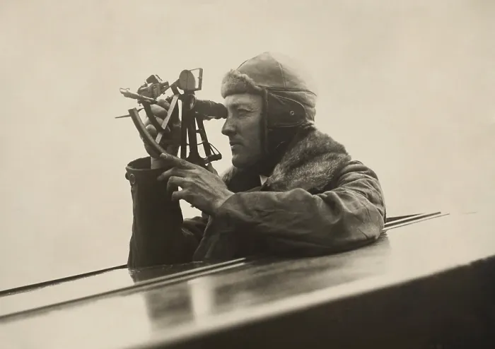Framed Print : American explorer, Admiral Richard Byrd, using a sextant aboard his flag ship, CITY OF NEW YORK
