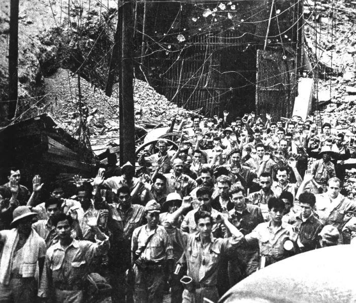 Framed Print : American and Filipinos soldiers and sailors surrendering to Japanese forces at Corregidor. World War 2, May 1942. (BSLOC_2013_11_203)