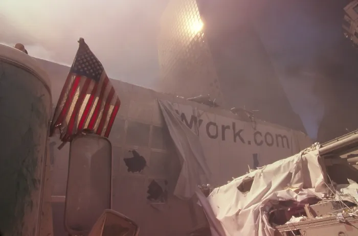 Framed Print : American flag planted in the rubble of World Trade Center after 9-11 terrorist attacks Framed Print : American flag planted in the rubble of World Trade Center after 9-11 terrorist attacks