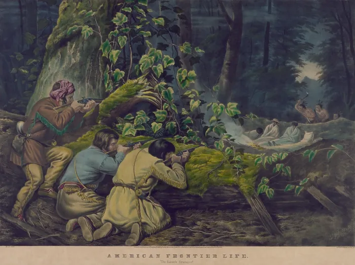 Framed Print : AMERICAN FRONTIER LIFE: THE HUNTER'S STRATAGEM, 1862 lithograph by Currier & Ives