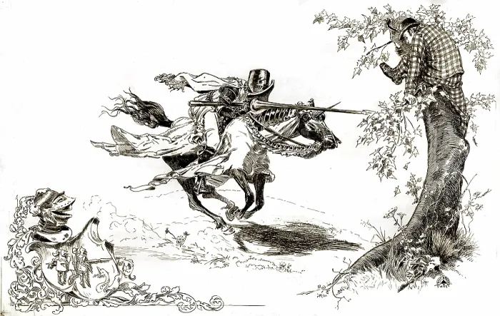 Framed Print : American Illustration, Knight in armor tilting at man in modern dress in tree onto which man in modern dress has climbed for refuge