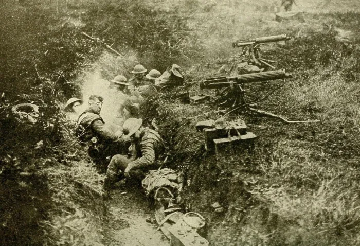 Framed Print : American machine gun troops operating from German Second Line in great Battle of Cantigny