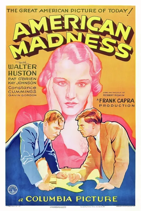 Framed Print : AMERICAN MADNESS, background, Kay Johnson, foreground from left: Pat O'Brien, Walter Huston on poster art, 1932 Framed Print : AMERICAN MADNESS, background, Kay Johnson, foreground from left: Pat O'Brien, Walter Huston on poster art, 1932