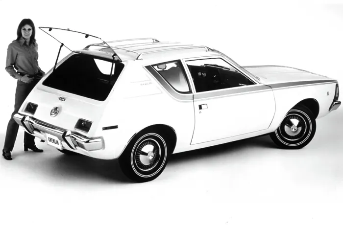 Framed Print : American Motors The Gremlin, the first US built two-door subcompact car, with a rear hatchback & lift-gate, created to compete with foreign imports, February 12, 1970