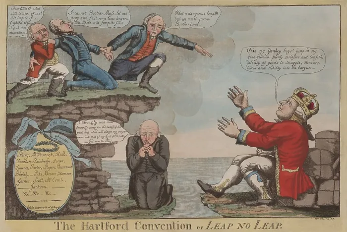 Framed Print : American political cartoon, shows three New England states about to jump into the welcoming arms of King George III
