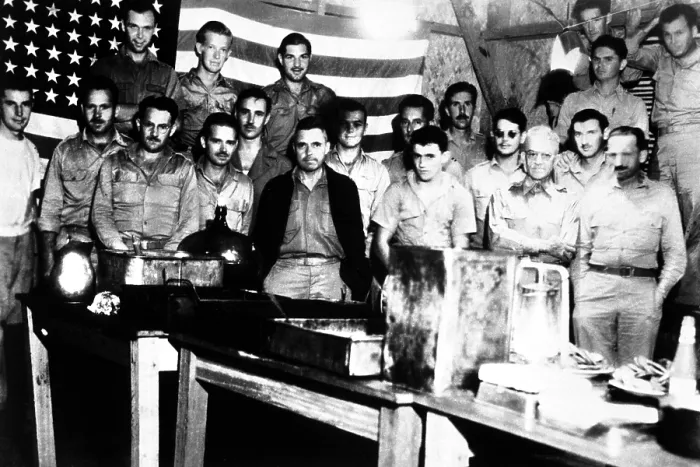 Framed Print : American POWs celebrate the July 4th in the Japanese prison camp of Casisange. On the Philippine island of Mindanao, they might have been killed if discovered. July 4, 1942