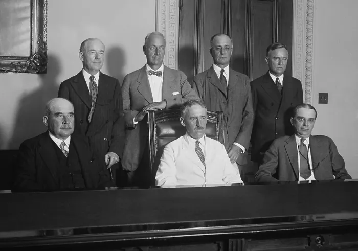 Framed Print : American Reparations Commission, June 25, 1929. They negotiated a settlement among the European nations for adjustment in German reparations payments. Front, L-R: J