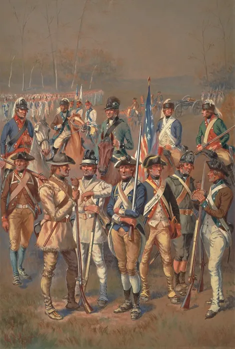 Framed Print : American Revolution. 12 different uniforms of American soldiers in the infantry, cavalry and artillery, during the Revolutionary War. Watercolor by Charles Lefferts, c