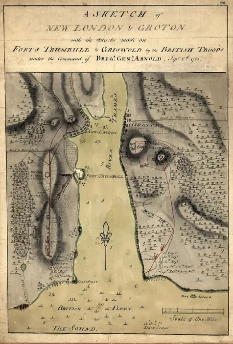 Framed Print : The American Revolution. A sketch of New London & Groton with the attacks made on Forts Trumbull & Griswold by the British troops under the command of Benedict Arnold, Sept. 6th