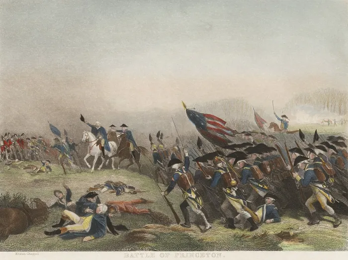 Framed Print : American Revolution. Battle of Princeton, Jan. 3, 1777. Continential Army infantry charging from right foreground toward British troops in left background