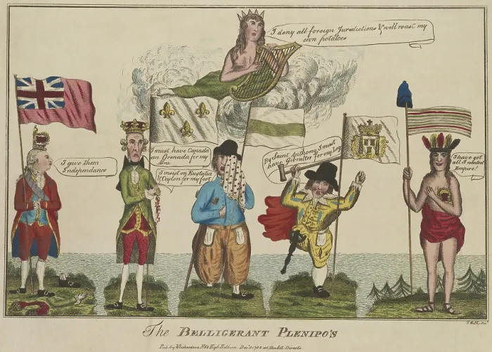 Framed Print : American Revolution. The Belligerent Plenipos, 1782, British political cartoon by Thomas Colley