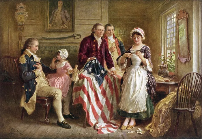 Framed Print : American Revolution. Betsy Ross ran an upholstery business in Philadelphia which repaired uniforms, make tents, blankets, and flags for the Continential armed forces Framed Print : American Revolution. Betsy Ross ran an upholstery business in Philadelphia which repaired uniforms, make tents, blankets, and flags for the Continential armed forces