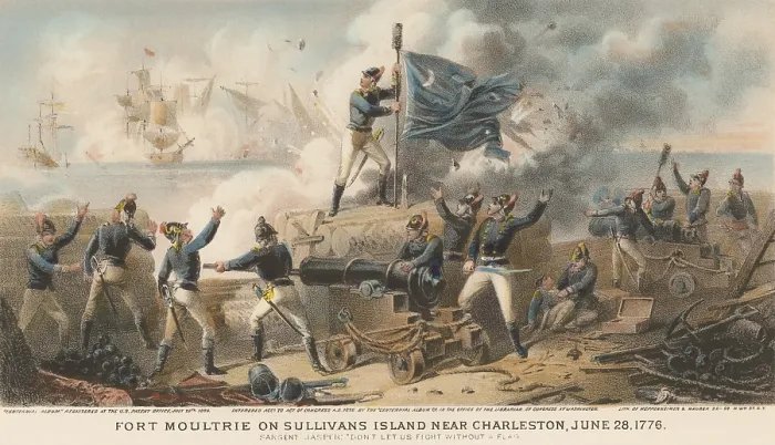 Framed Print : American Revolution. The British navy bombard the fort on Sullivans Island near Charleston, June 28, 1776