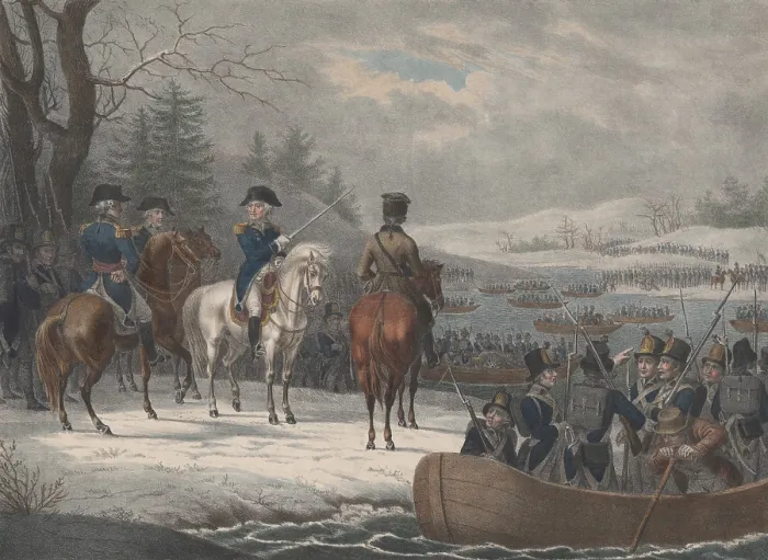 Framed Print : American Revolution. Continential Army manning boats in the Delaware River to assault a camp of 1, 500 Hessian mercenaries at Trenton, New Jersey, Dec. 25, 1776. (BSLOC_2019_3_119)