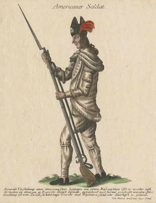 Framed Print : American Revolution. Engraving of side view of an American soldier of the Congress in North America, after the drawing of a German officer, Johann Martin Will, c. 1780