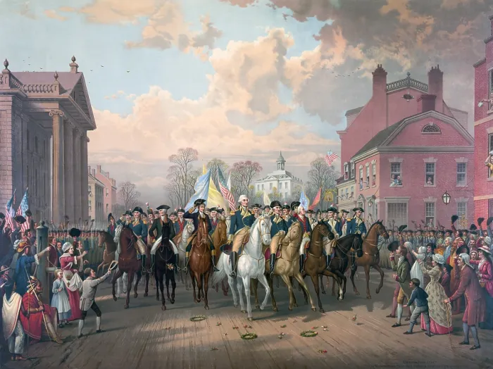 Framed Print : American Revolution. Evacuation Day and Washingtons Triumphal Entry in New York City, Nov. 25, 1783