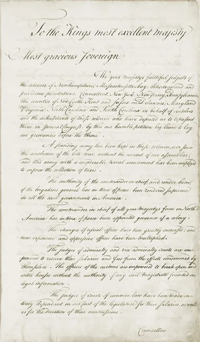 Framed Print : American Revolution, First Continential Congress, Philadelphia, 1774. First page of the Petition of the Continental Congress to the King, Oct. 26, 1774