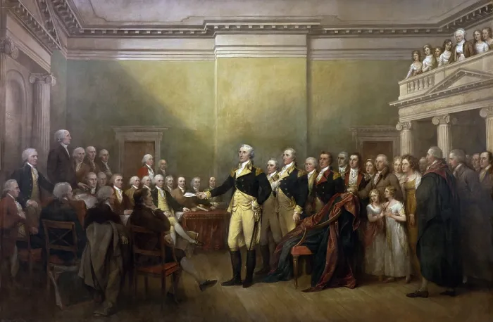 Framed Print : American Revolution. General George Washington Resigning His Commission, 1824, by John Trumbull, American painting, oil on canvas, Dec. 23, 1783 Framed Print : American Revolution. General George Washington Resigning His Commission, 1824, by John Trumbull, American painting, oil on canvas, Dec. 23, 1783