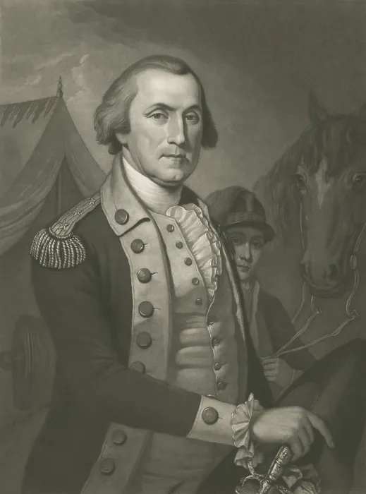 Framed Print : American Revolution. George Washington, Commanding General of Continential Army of the United States, 1775-1783. Uniformed Washington rests his right hand on his sword