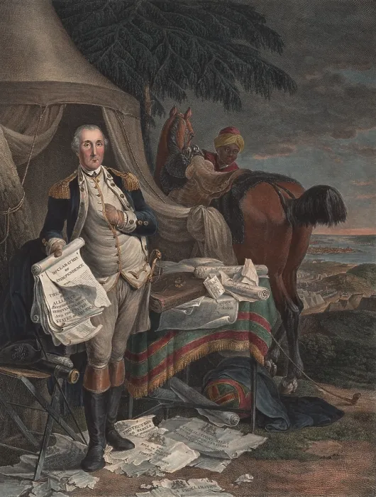 Framed Print : American Revolution. George Washington holds American political documents, including the Declaration of Independence, 1776, and the Treaty of Alliance with France, 1778