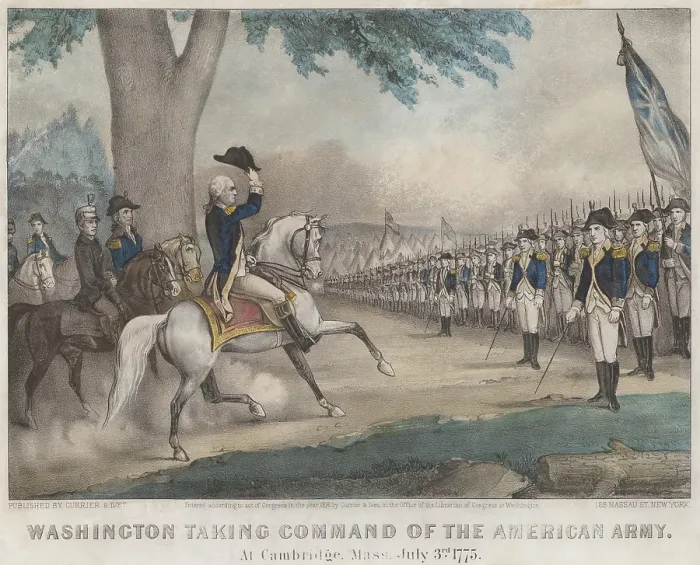Framed Print : American Revolution. George Washington taking command of the Army at Cambridge, July 3, 1775. His first inspection of the army Framed Print : American Revolution. George Washington taking command of the Army at Cambridge, July 3, 1775. His first inspection of the army