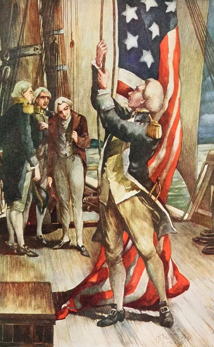 Framed Print : American Revolution. John Paul Jones raises the Stars and Stripes on an American warship for the first time, Dec. 7, 1775