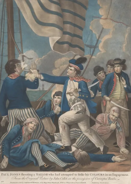 Framed Print : American Revolution. John Paul Jones shooting a enemy sailor when he attempted to strike his colors. The scene shows sailors in hand to hand fighting on a ships deck