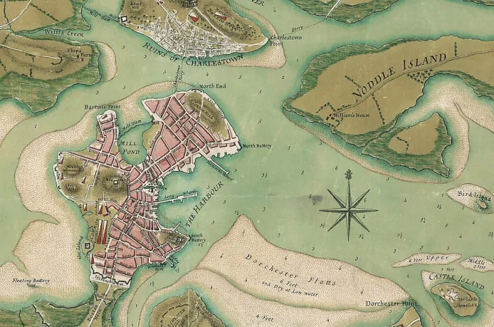 Framed Print : The American Revolution. Detail of: A plan of the town of Boston and its environs, with the lines, batteries, and incampments of the British and American armies. 1776