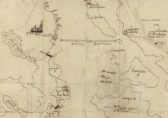 Framed Print : The American Revolution. Portsmouth, New Hampshire. Manuscript map of Portsmouth harbor detailing fortifications and French warships. 1782