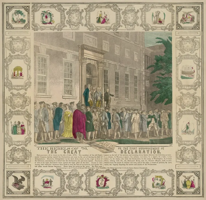 Framed Print : American Revolution, Second Continential Congress, Philadelphia, 1775-1776. The creator of the Declaration of Independence in front of the Statehouse (Independence Hall)