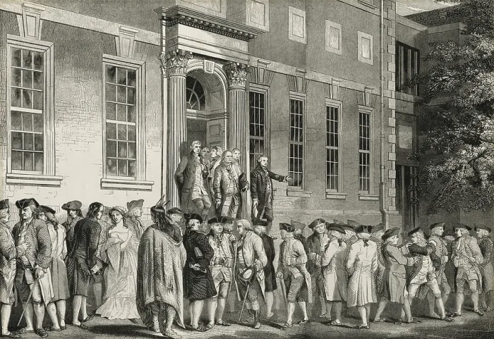 Framed Print : American Revolution, Second Continential Congress, Philadelphia, 1775-1776. The Signers of the Declaration of Independence gather in front of the Statehouse (Independence Hall)