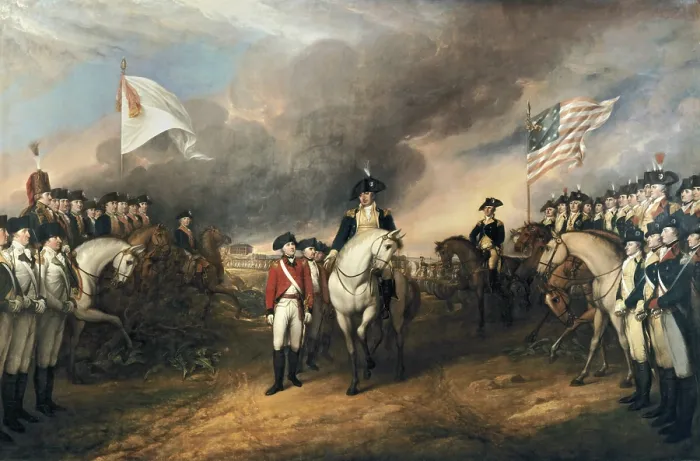 Framed Print : American Revolution. Surrender British army commanded by Lord Cornwallis at Yorktown, Virginia, Oct. 19, 1781. In center, British Gen
