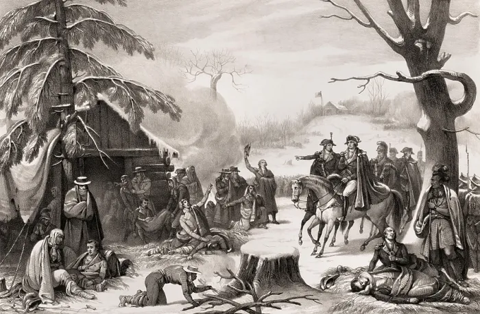 Framed Print : American Revolution. Valley Forge, Pennsylvania, Winter 1777. General George Washington and Lafayette visiting the soldiers quarters at Valley Forge