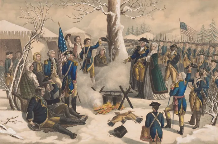 Framed Print : American Revolution. Valley Forge, Pennsylvania. Gen. George Washington and wife, Martha, visiting the troops at Valley Forge, on Christmas Day 1777