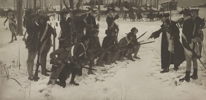 Framed Print : American Revolution. Valley Forge, Pennsylvania, Winter 1777. Major General Baron von Steuben, drilling Continential Army soldiers at Valley Forge in 1778