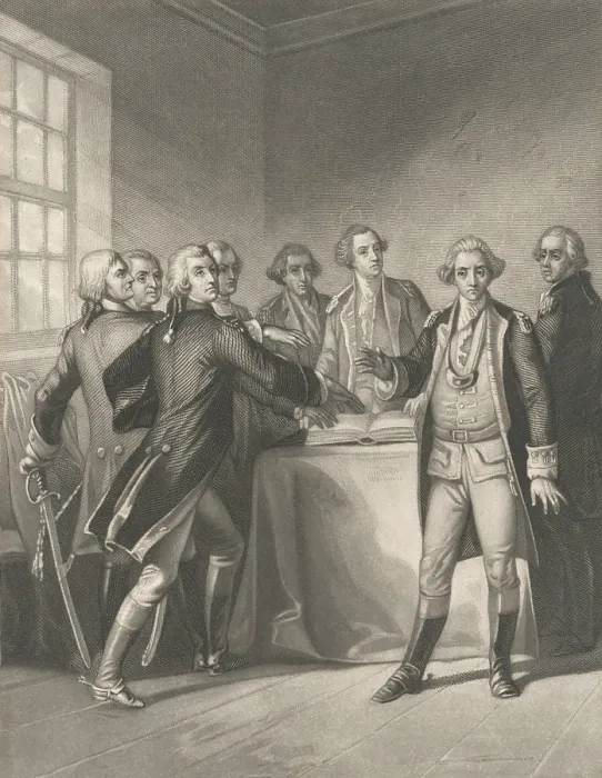 Framed Print : American Revolution. Valley Forge, Pennsylvania. On May 7, Washington issued a General Order requiring loyalty oaths be administered to Continential Army officers at Valley Forge Framed Print : American Revolution. Valley Forge, Pennsylvania. On May 7, Washington issued a General Order requiring loyalty oaths be administered to Continential Army officers at Valley Forge