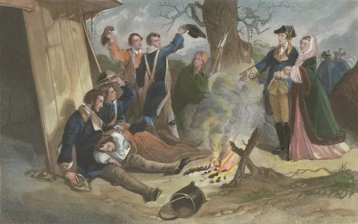 Framed Print : American Revolution. Valley Forge, Pennsylvania, Winter 1777-1778. Washington and his wife visiting the soldiers camp during the cold winter Framed Print : American Revolution. Valley Forge, Pennsylvania, Winter 1777-1778. Washington and his wife visiting the soldiers camp during the cold winter