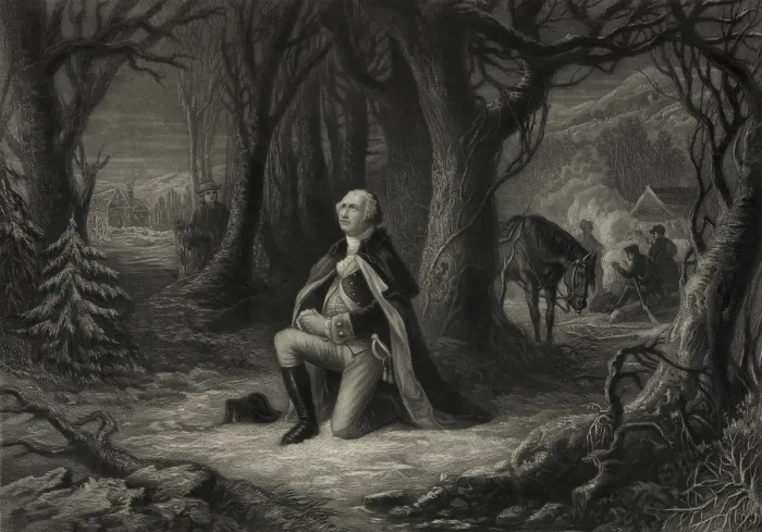 Framed Print : American Revolution. Valley Forge, Pennsylvania, Winter 1777-78. George Washington, kneeling in prayer at Valley Forge Framed Print : American Revolution. Valley Forge, Pennsylvania, Winter 1777-78. George Washington, kneeling in prayer at Valley Forge