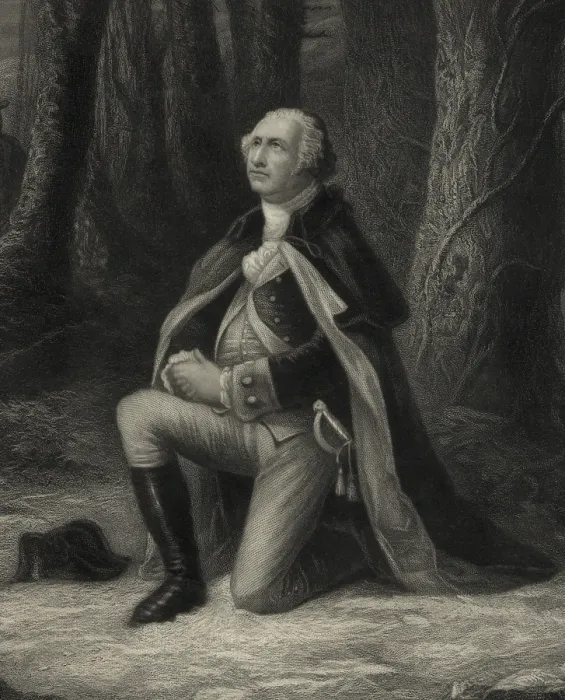 Framed Print : American Revolution. Valley Forge, Pennsylvania, Winter 1777-78. George Washington, kneeling in prayer at Valley Forge