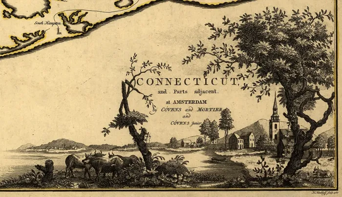 Framed Print : The American Revolution. A view of a colonial Connecticut town, taken from a cartouche on a map ca. 1777