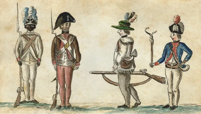 Framed Print : American Revolution. Watercolor by French soldier, Jean Baptiste Antoine de Verger, of four Continental Army soldiers at the siege of Yorktown, Virginia, in 1781
